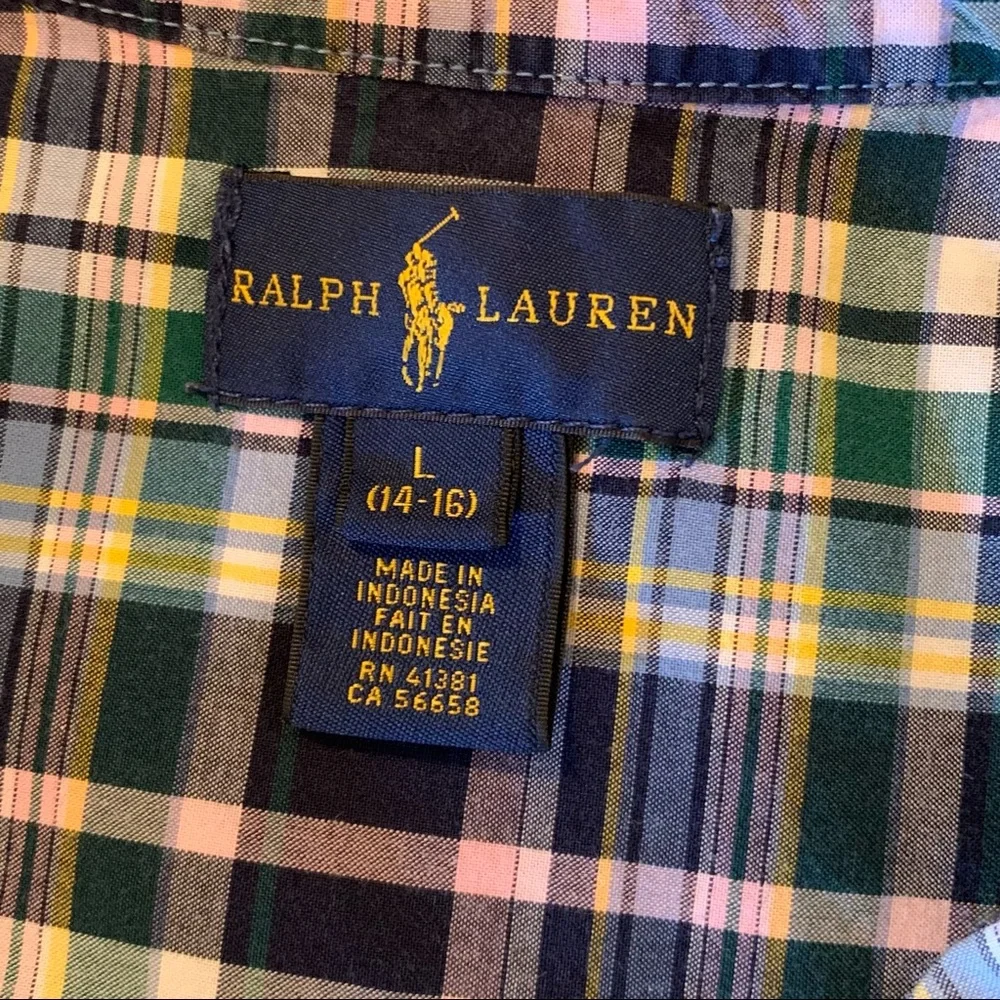 Ralph Lauren Boy’s Large(14-16) Navy Plaid Button Down Collar Shirt, Lik…